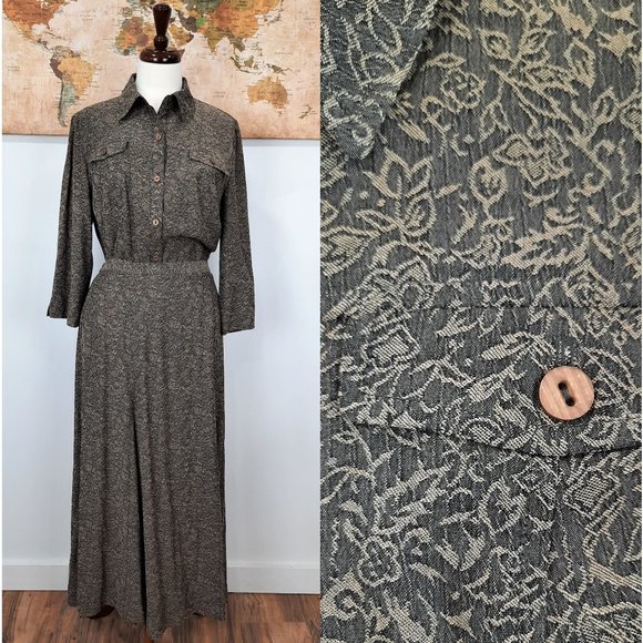 Vtg 90s bronze micro crinkle floral skirt set — JM Collection Jennifer Moore - Picture 2 of 16